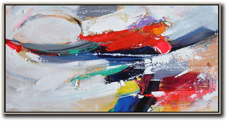 Original Abstract Painting Extra Large Canvas Art,Horizontal Palette Knife Contemporary Art Panoramic Canvas Painting,Canvas Wall Paintings,White,Red,Grey,Dark Blue.etc